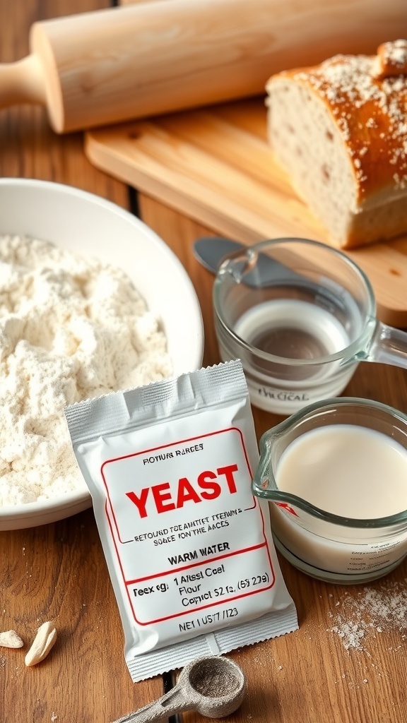 A packet of yeast with flour and warm water, surrounded by baking tools and a loaf of bread.